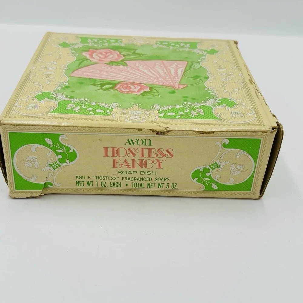 1970's Avon Hostess Fancy Soap‎ Set NIB Fan-Shaped Glass Dish 5 Pink Soaps Retro